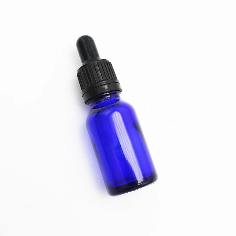Essential oil packaging 15ml blue glass dropper bottle with black plastic cap