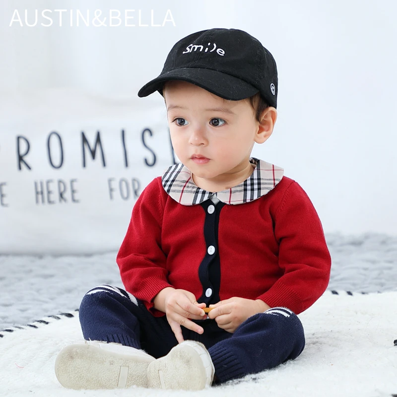 AustinBella/оптовая продажа, комплекты одежды для маленьких мальчиков, высококачественный детский хлопковый красный вязаный кардиган, детская трикотажная одежда