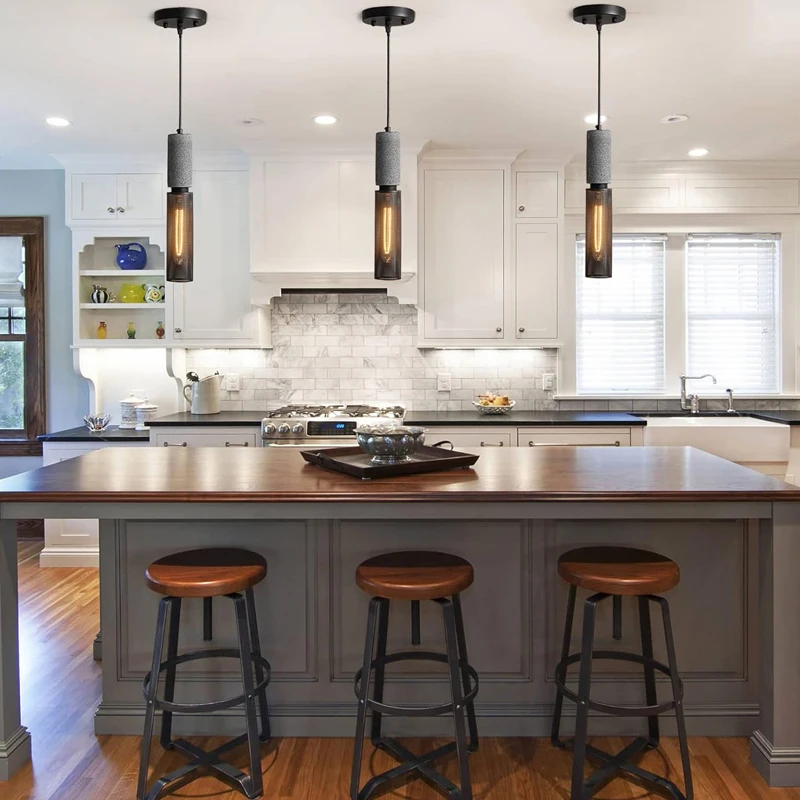 Modern Industrial Linear Pendant Light Concrete with Metal Mesh Cover for Kitchen Island Bedroom Living Room Dining Room