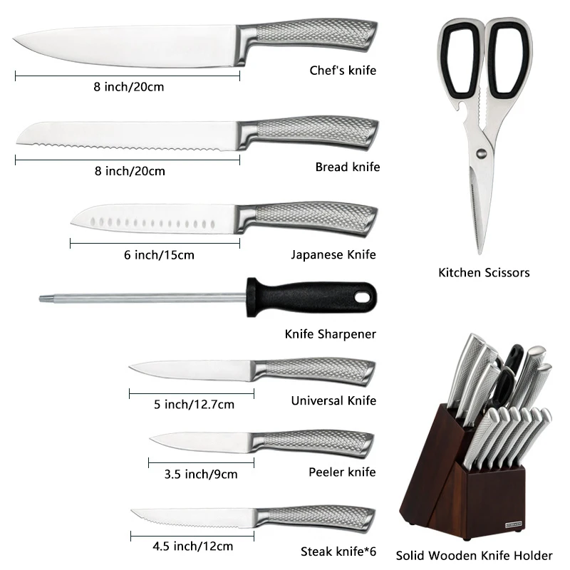 14 pcs best stainless steel forged block kitchen knife sets for kitchen with wooden acacia block stand