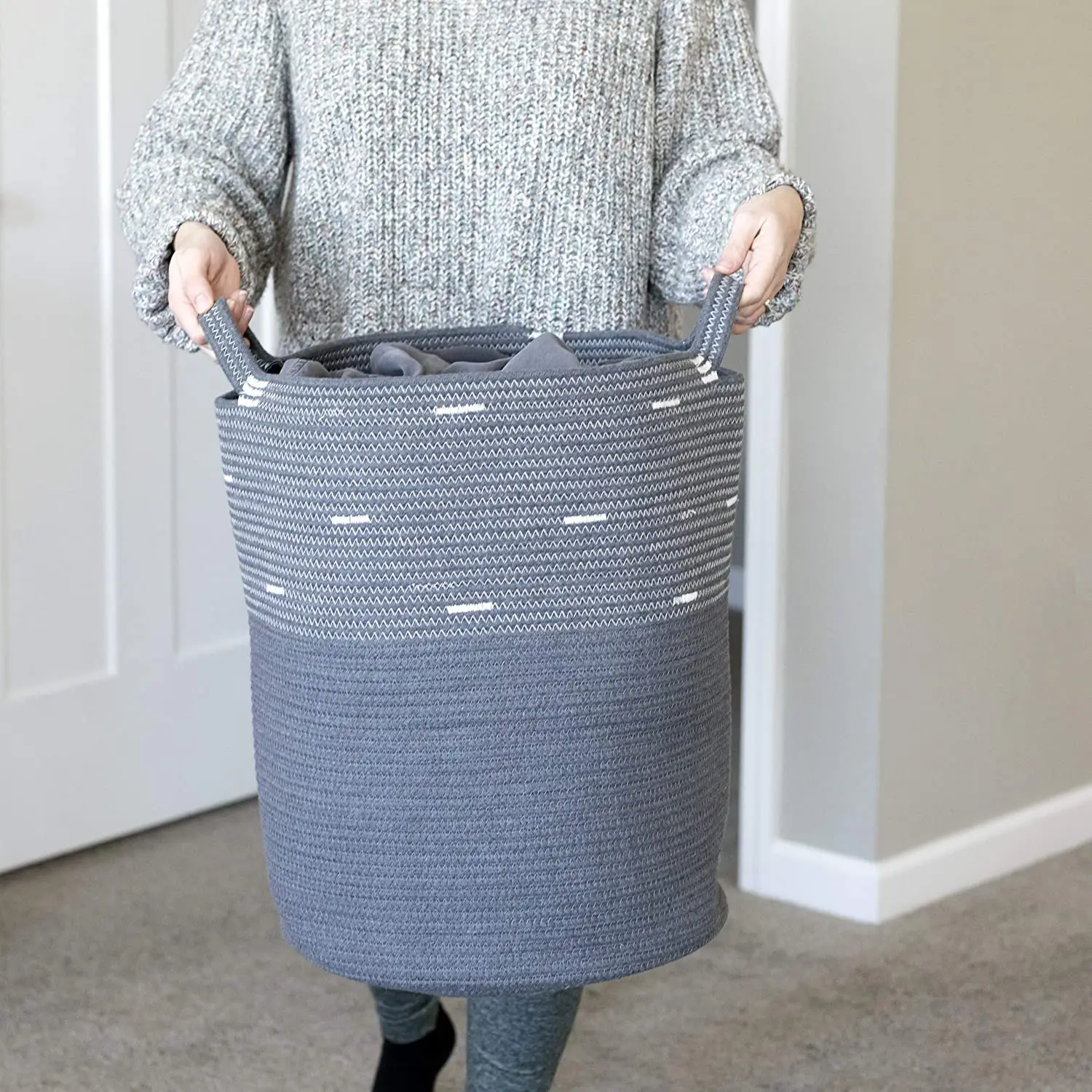 Traditional Modern Laundry Storage Baskets, Round Cotton Rope Laundry Basket