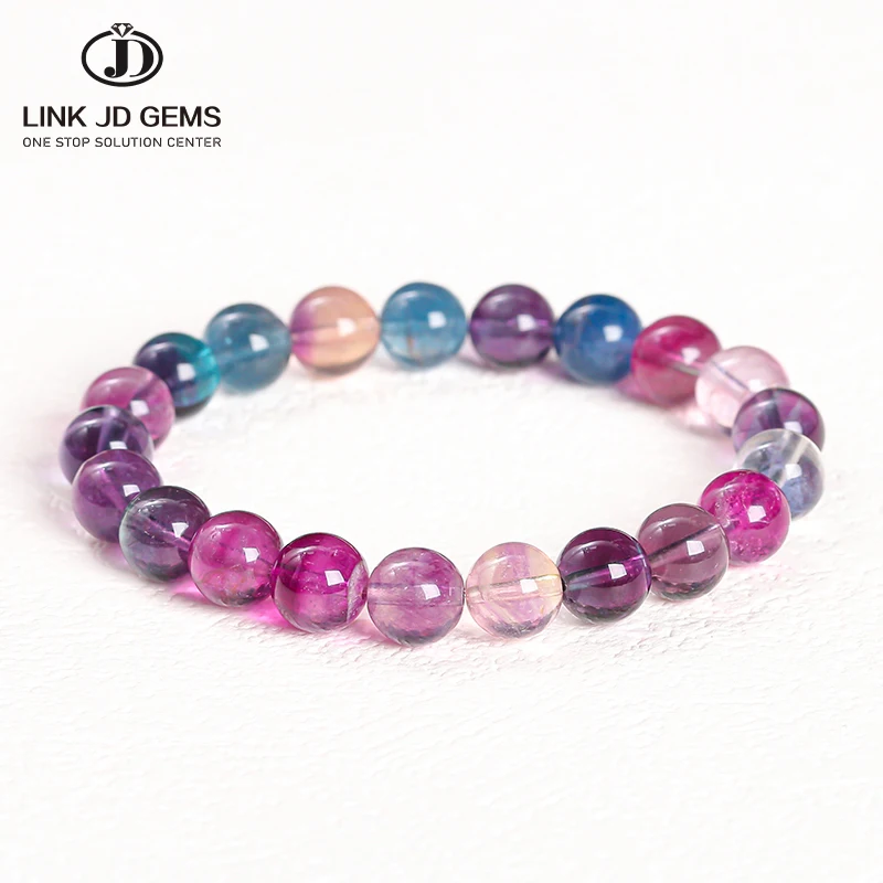 JD Wholesale Colorful Crystal Energy Healing Stone Beaded Bracelet Natural Light Color Ice Rainbow Fluorite Round Bead Bracelets