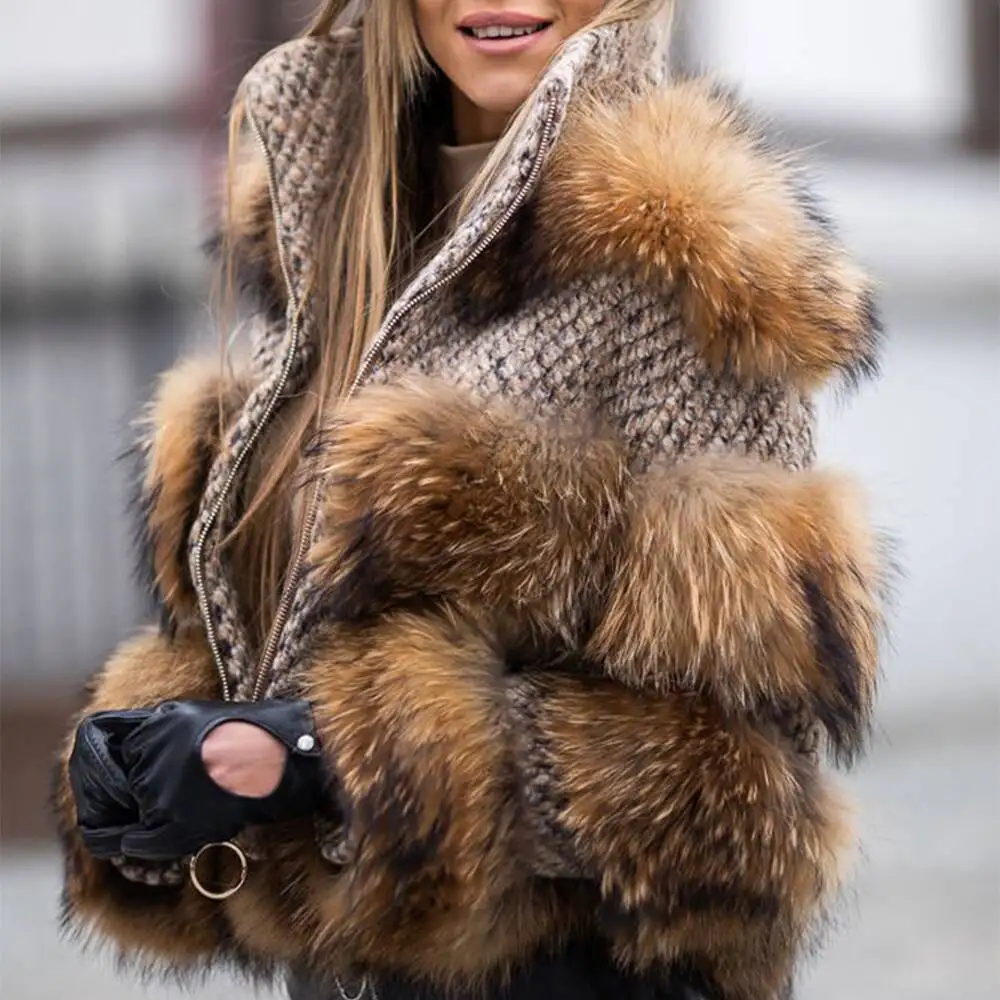 Black Blue White Natural Brown Cropped Racoon Top Fur Coat Shaggy Genuine Raccoon Fur Jacket For Sale Cheap