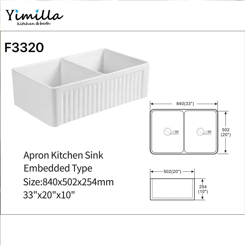 American kitchen apron semi-embedded ceramic sink modern double blow 33' inches CUPC farmhouse ceramic kitchen sink with tray