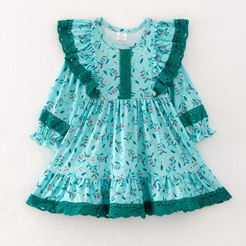In Stock Ready to Ship Baby Kids Toddler Girls Winter Spring Floral Print Green Lace Dress Boutique Clothing