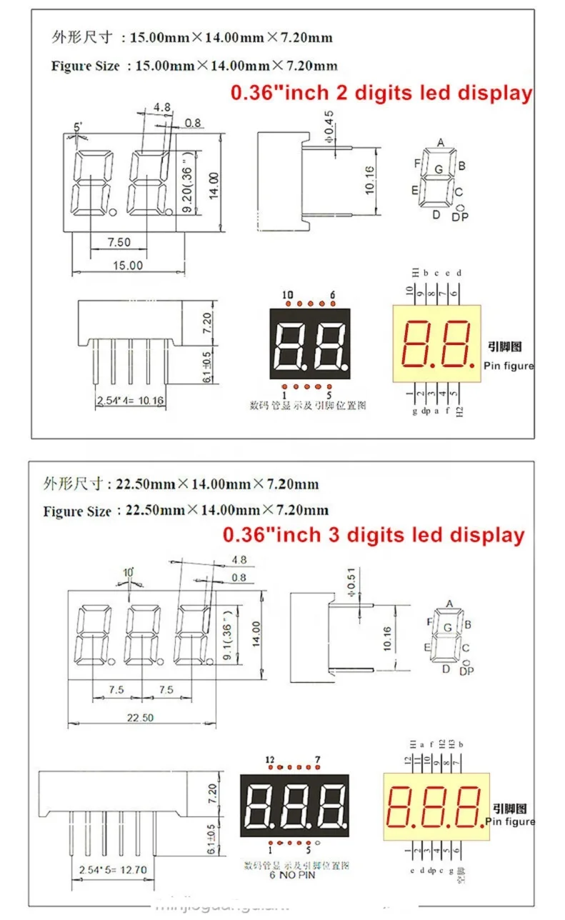 0.36 Inch 1 2 3 4 Digit Digital Tube 7 Segment Led Display Red White Blue