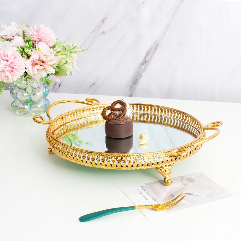 2024 Round Mirror Wedding Decorative Tray 3 Sizes Of European High-end Silver Wedding Metal Trays