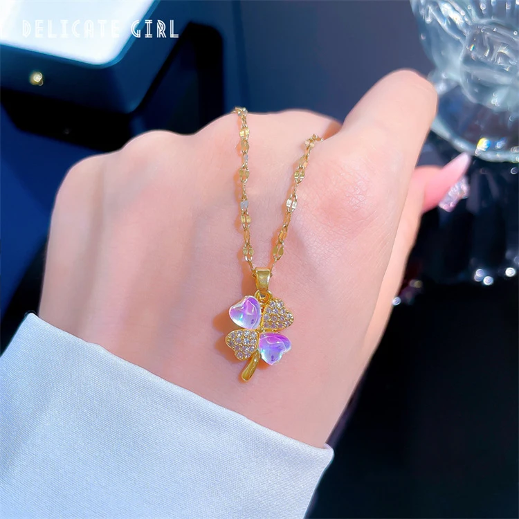 Lucky Single Product Aurora Clover Temperament Micro-Diamond Necklace Female Exquisite Style Ins Net Red Clavicle Chain
