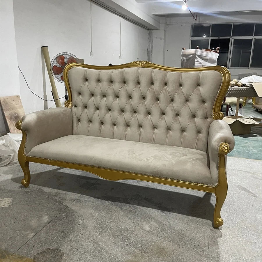 New style golden banquet velvet cloth backrest wooden pattern frame wedding hotel sofa chair