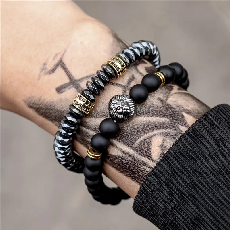 2pcs/set Men Bracelet Set CZ Zircon Lion Charms Natural Magnetic Hematite Stone Beads Bracelets (KB8321)