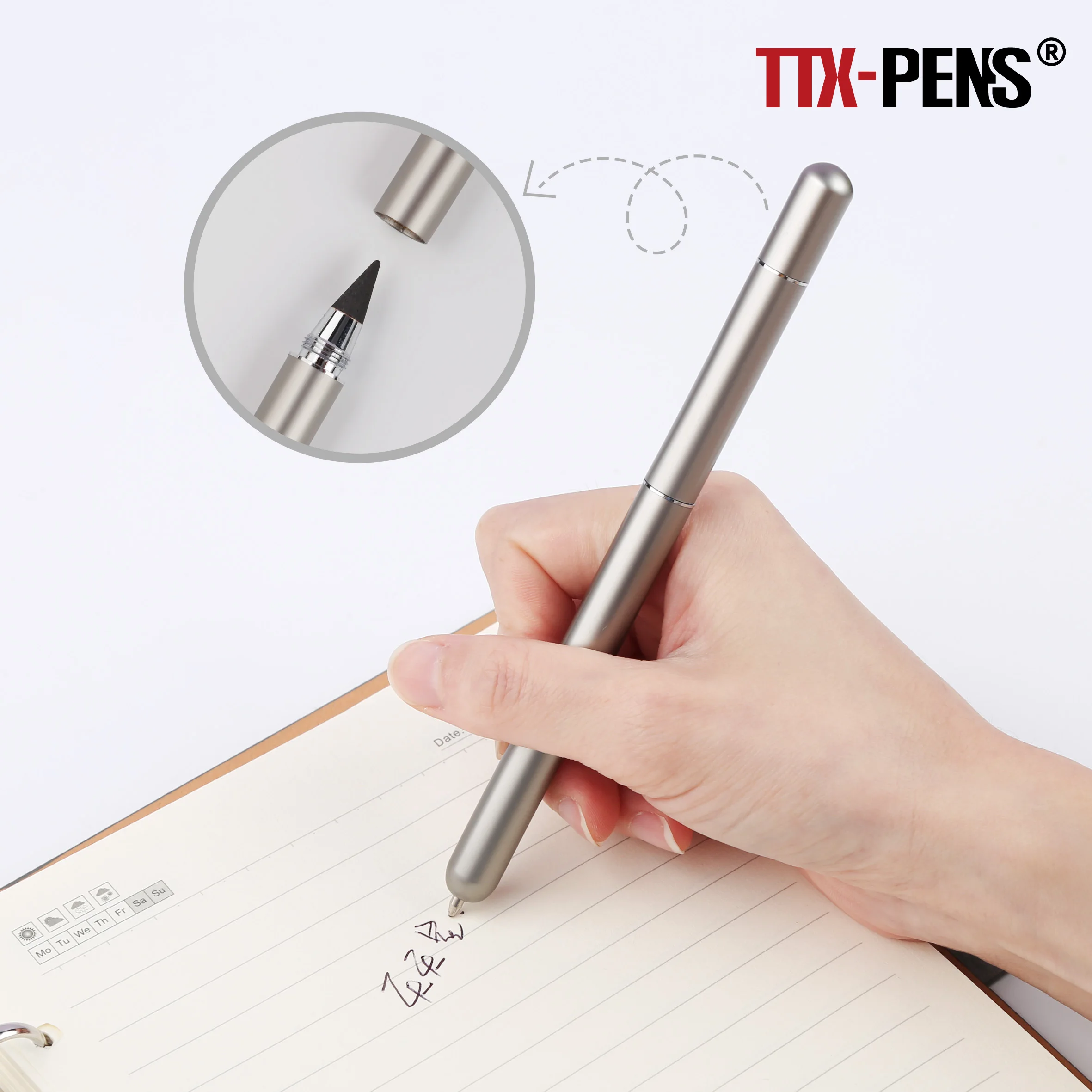 TTX 2 In 1 Writing Pen Custom Logo Pencil Metal Endless Non Sharpening Infinite Pencil And Ball Pen