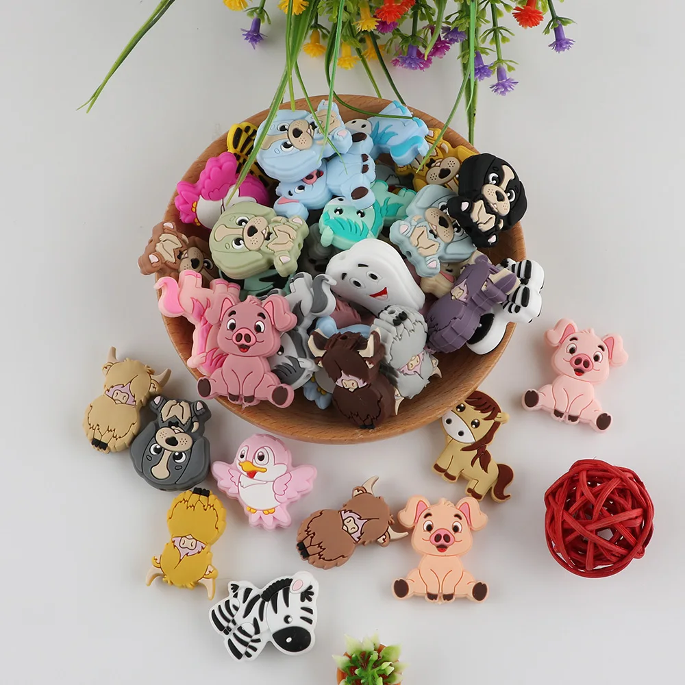 Kovict Wholesale BPA Free Food Grade Animal Jewelry Teething Silicone Yak Pig Zebra Dog Pony Puppy Mix Silicone Animal Beads