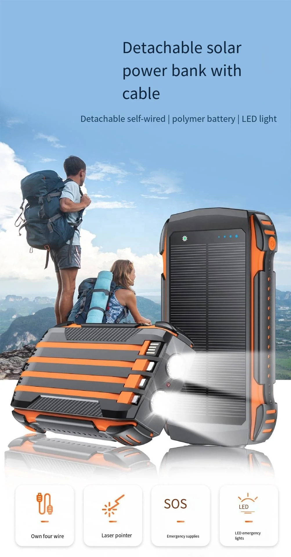 Portable charger Solar Power Bank Built Cables 20000mAh Solar Charger  External Charger Power bank With LED Light for smart phon