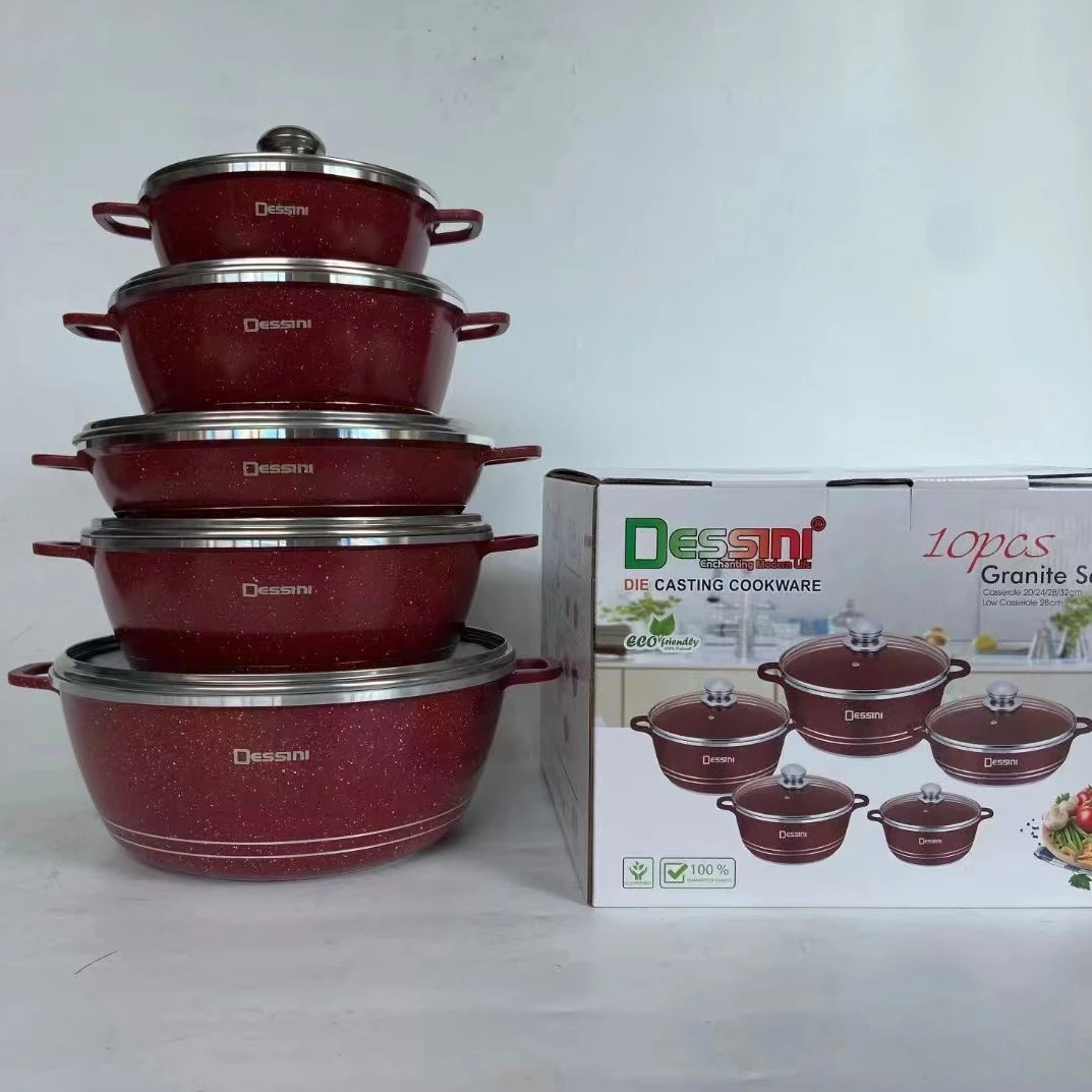 Dessini Popular Non Stick Pot 10 Piece Set Marble Casserole Pot Fry Pan Set Die Cast Aluminum Cooking Cookware Set