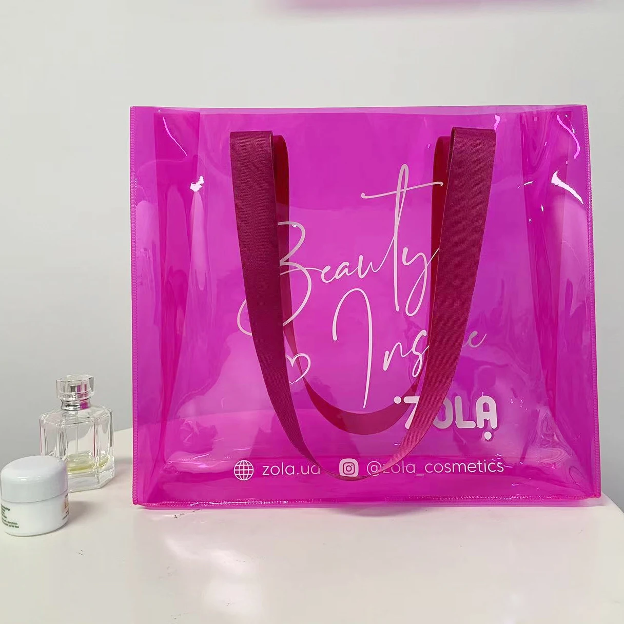 Wholesale clear hot pink PVC large tote shopping bags custom logo gift bag for wedding packaging bag