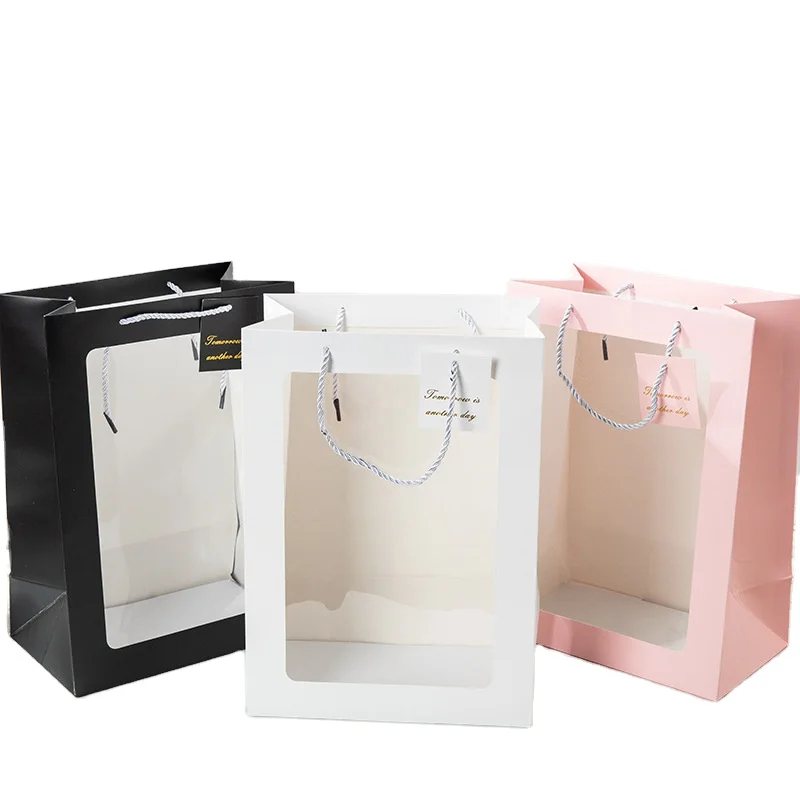 New Style Eco-friendly Reusable Paper Bag Transparent PVC Window Gift Packaging Bag With Custom Logo