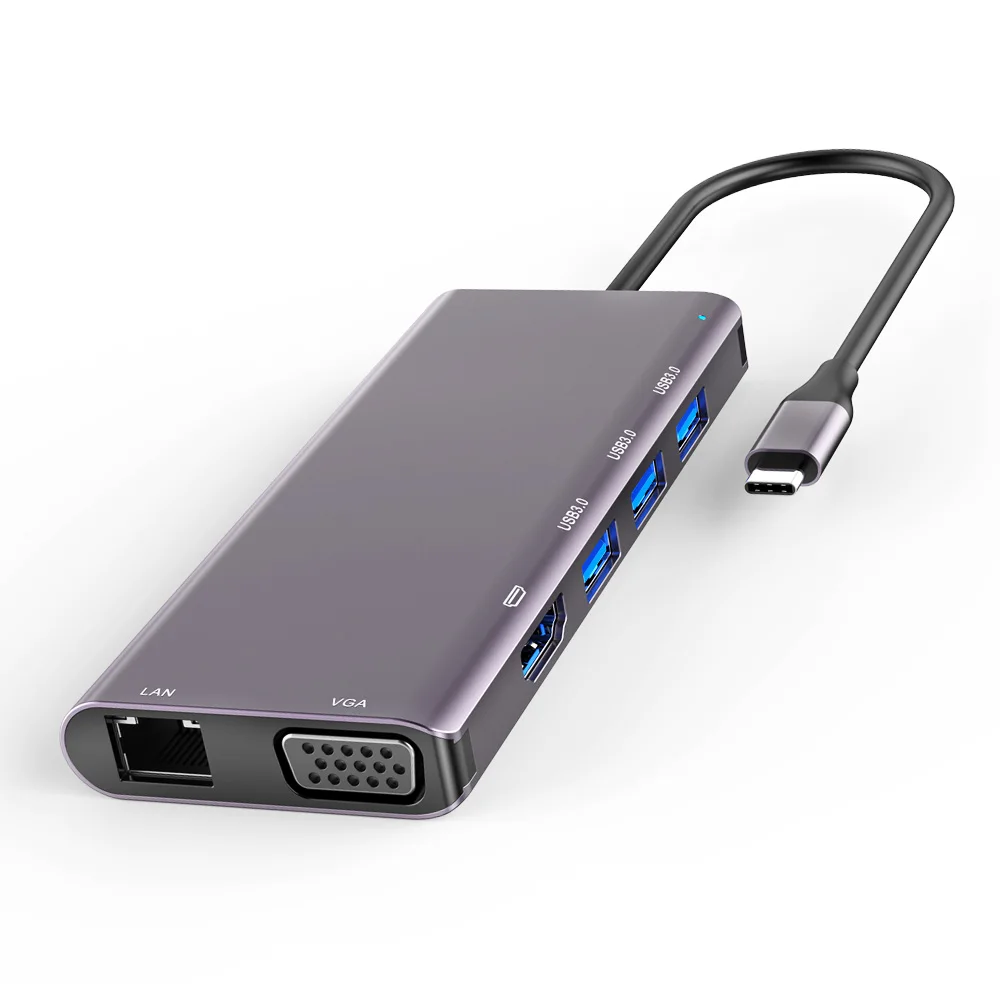 Aluminum Alloy 9 Ports USB C Hub Docking Station with USB 3.0+VGA+PD+LAN+SD/TF Slot+ for Laptop Macbook