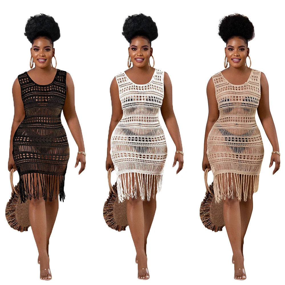 Women Summer 2022 Knit  Outer Beach  Dress Tassel Crochet Party Tassel Beach Dress Mesh Knit Coverups Dress