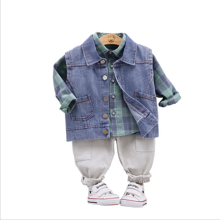 
denim vest plaid shirt jeans 3pcs set kids clothing set tee cartoon animal embroidery toddler boy vest set kids vest cotton 