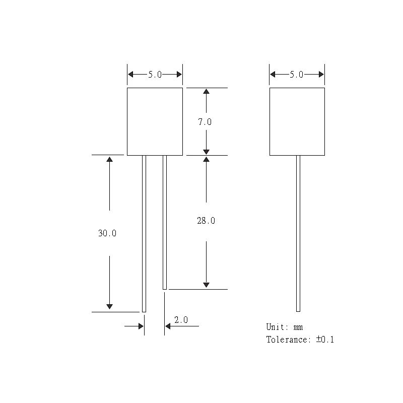 Rectangular LED diode 5x5x7mm with transparent lens, through hole, blue 465-470nm DIP LED