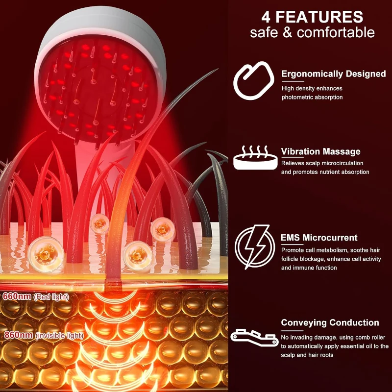 Portable LED Light Therapy Hair Scalp Massager with EMS Vibration Hair Brush Comb