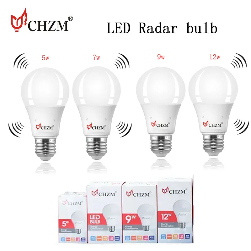 CHZM бесплатный образец CE ROHS 5w 7w 9w 12w E27 B22 микроволновый радар движения светодиодная лампочка с датчиком света
