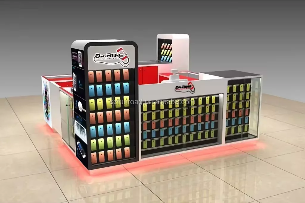 Factory Custom Mobile Phone Case Showcase with Lights Cellphone Repair Counter Display Modern Cell Phone Kiosk for Sale
