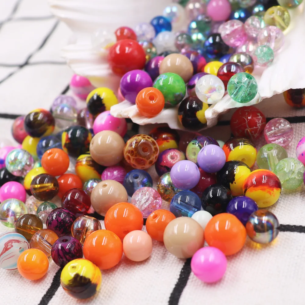 3/4/5/6/8/10/12mm Mix Colors Loose Crackle Beads with Hole  Glass Beads Round Faux Pearl for Earring Necklace Bracelet DIY Craft