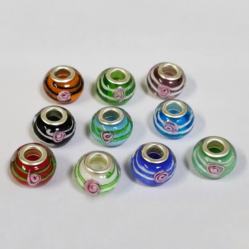 Lampwork Large Hole Silver Foil 12mm Glass Loose Beads DIY Jewelry with Mixed Color Glass Inner Flower Beads