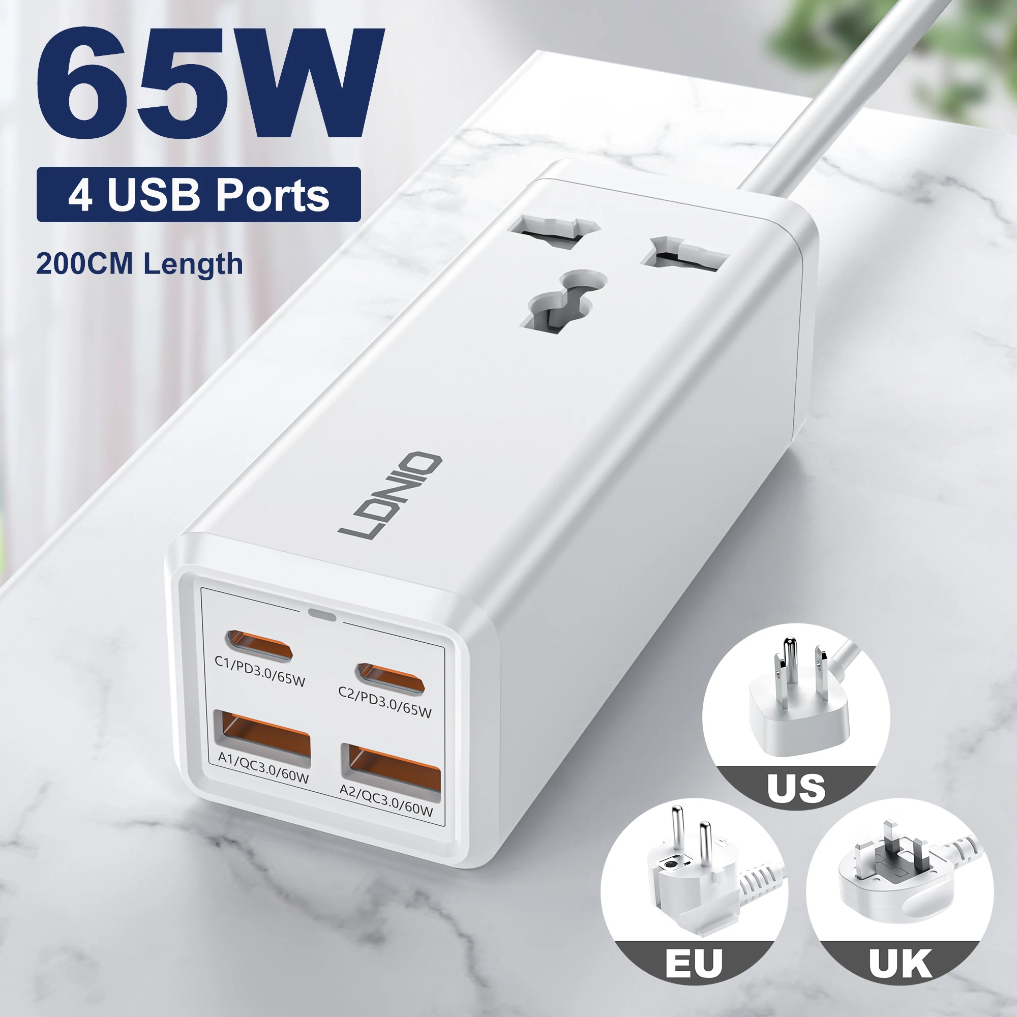 LDNIO Новое поступление SC1418 2500W настольный разветвитель питания 2 USB-C & USB-A 65 Вт Высокая мощность поддержки Универсальное зарядное устройство usb