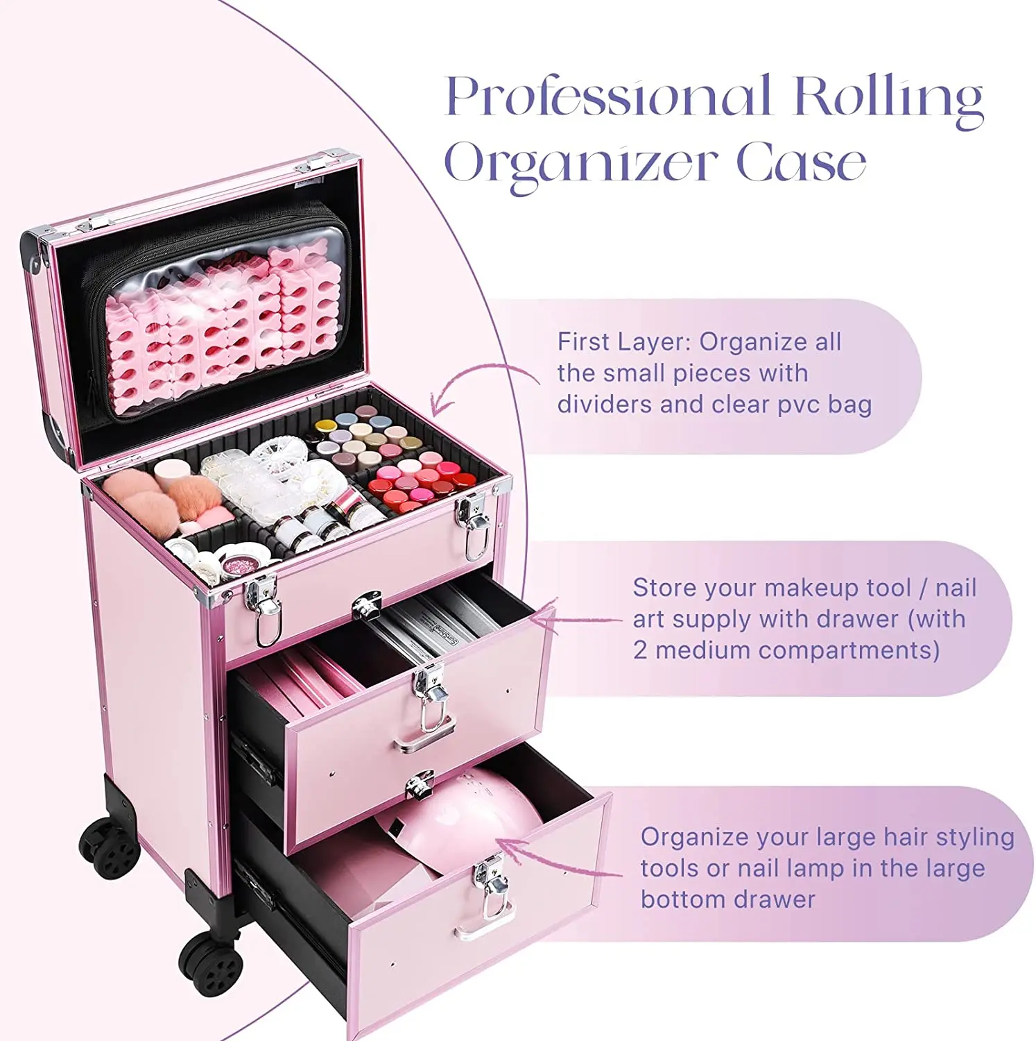 Professional Rolling Makeup Train Case with Drawers, Large Cosmetic Trolley with Locks, Cosmetics Storage Organizer Make up Case