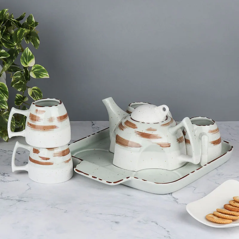Restaurant Hotel Ceramic Tea Pot Cups Set 6Pcs Porcelain Coffee Tea Set with Tray