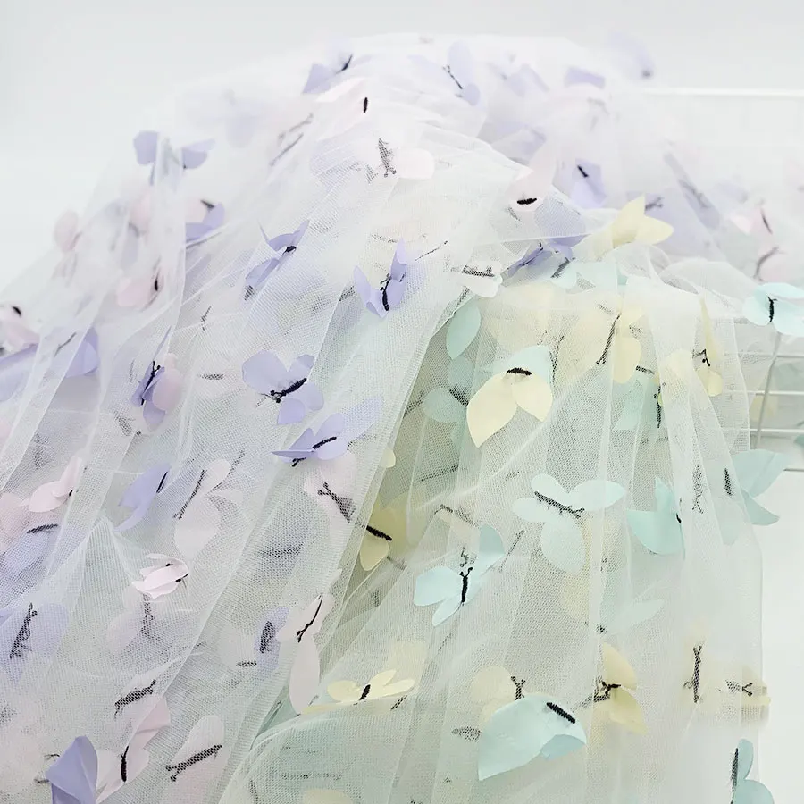 Spot stock women child lace dress clothing sheer nylon mesh decoration poly 3D butterfly applique embroidery fabric