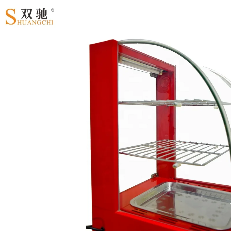 Red color small electric curved warming showcase glass window keep warm food warmer display bakery cake display