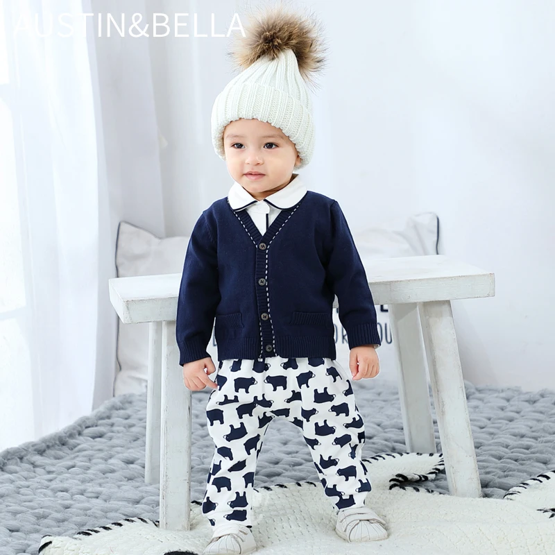 AustinBella/оптовая продажа бутик вязаная Осенняя детская одежда дизайнерские кардиганы для маленьких мальчиков 100% хлопок Детские простые свитера