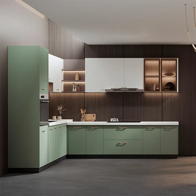 Custom Modern Wood-Grain Dark Color Kitchen Cabinet Set MDF Material Storage Cabinet Center Island Complete Kitchen Furniture