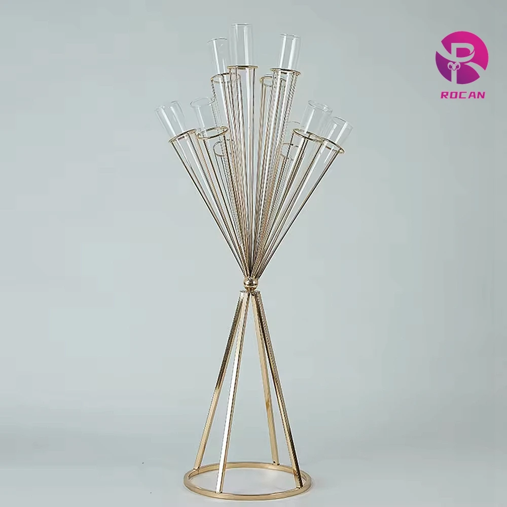 Gold Flower Centerpiece with Glass Tube Flower Vase Table Centerpiece Riser Wedding Supplies