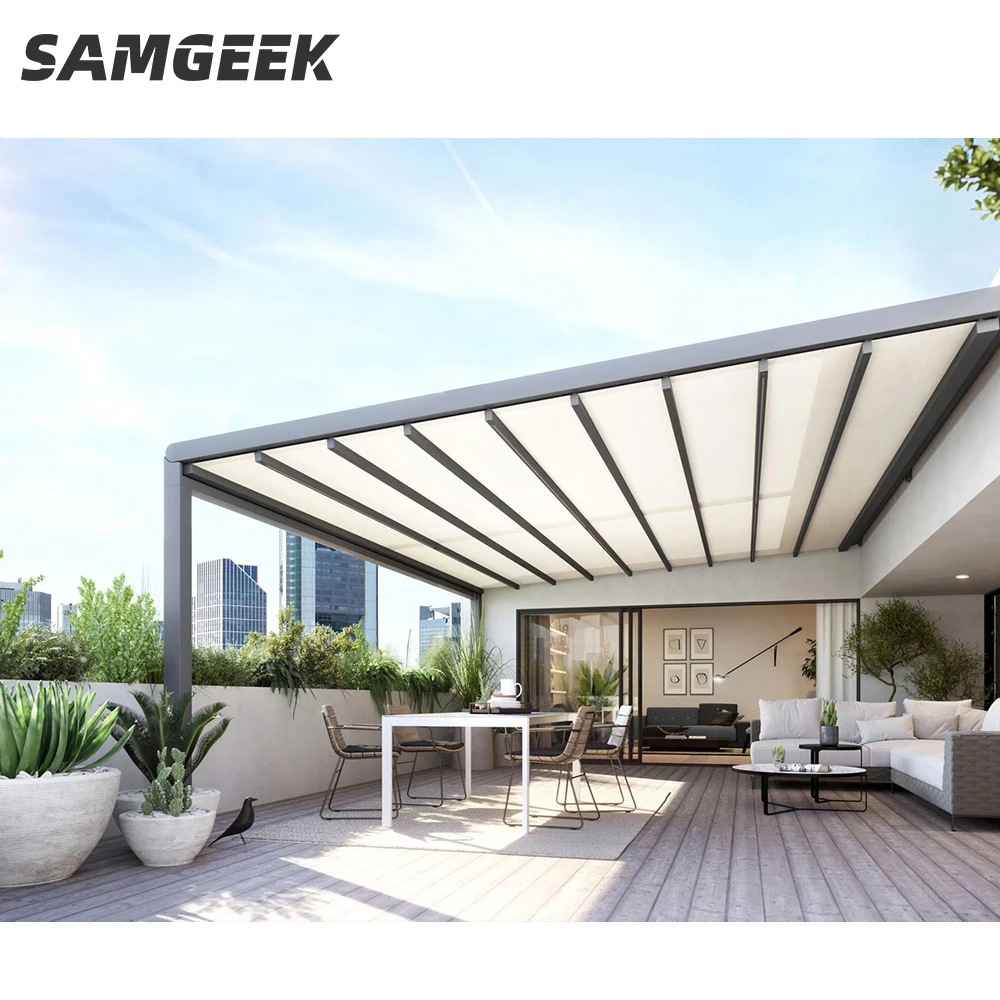 Sun Shading Canopy Motorized Retractable  Roof PVC fabric Pergola Awning Outdoor Opening Gazebo