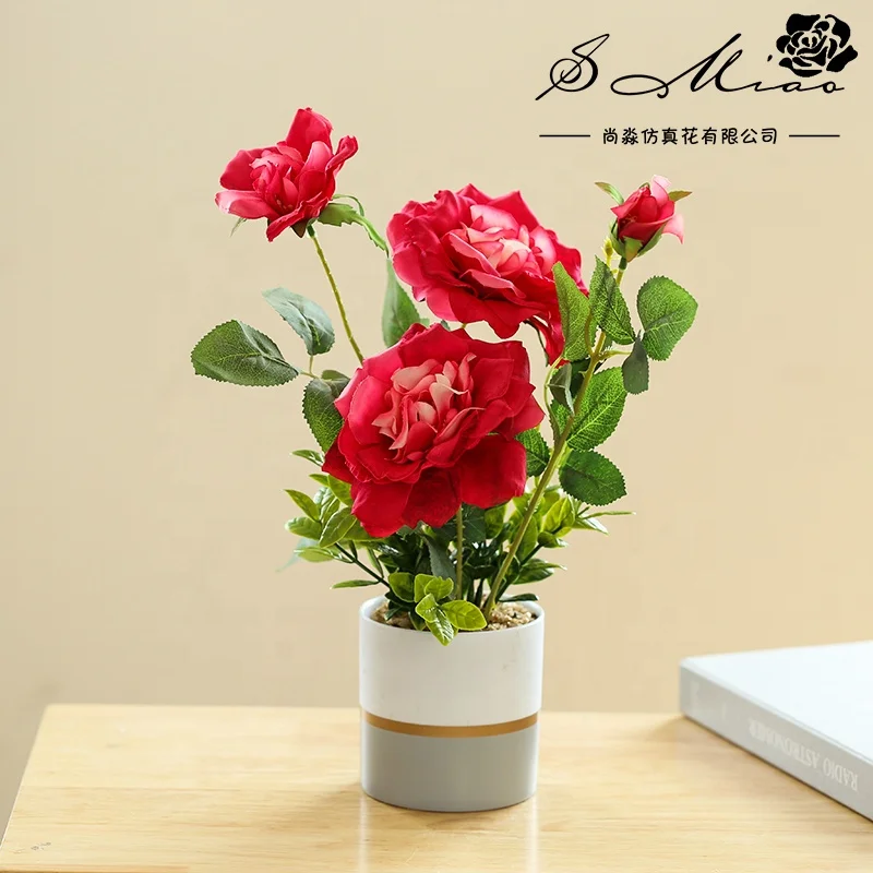 High quality artificial Chinese rose bonsai plastic pot home decoration pot
