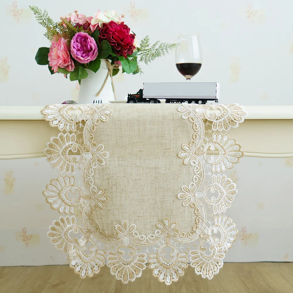 Simple linen polyester linen solid color rectangular embroidered table cloth flat angle pointed flag  Round/Square Tablecloths