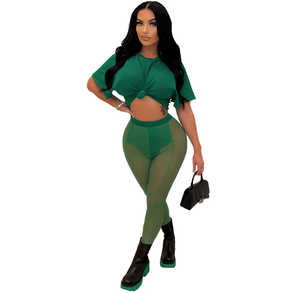 Best Seller Solid Color 3Xl Plus Size Short Sleeve T-Shirt Transparent Mesh Long Pants Mesh Commuter Two-Piece Set For Women