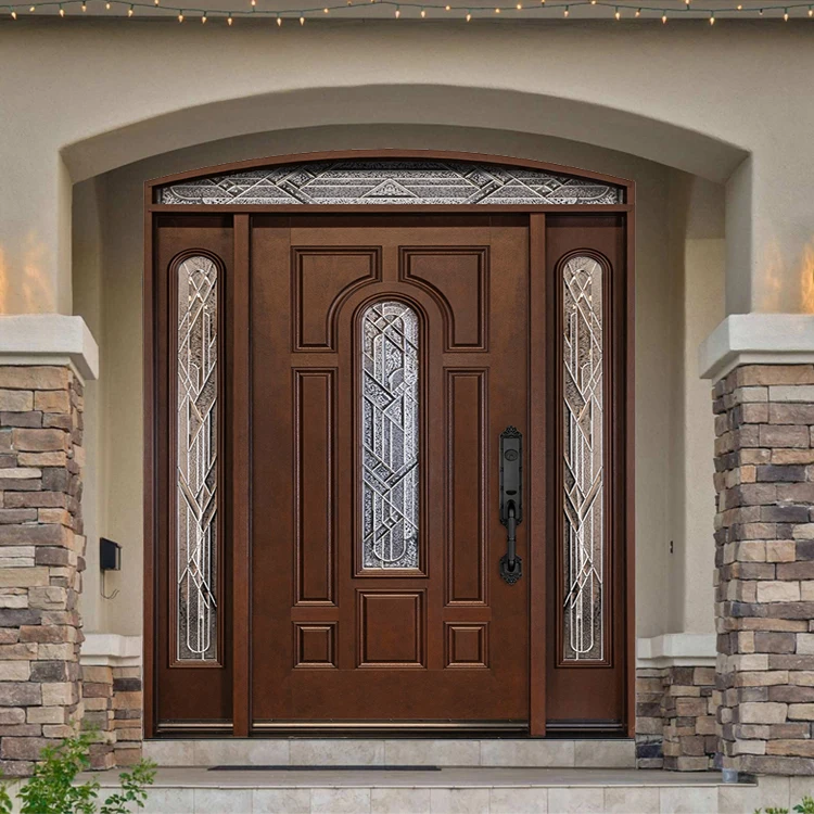 Factory price house villa front entry round arch top glass wooden door design exterior arched cherry solid wood double doors