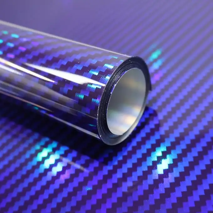 2D Holographic carbon fiber vinyl packaging, high gloss blue Rainbow Chrome packaging vinyl film with air release techno
