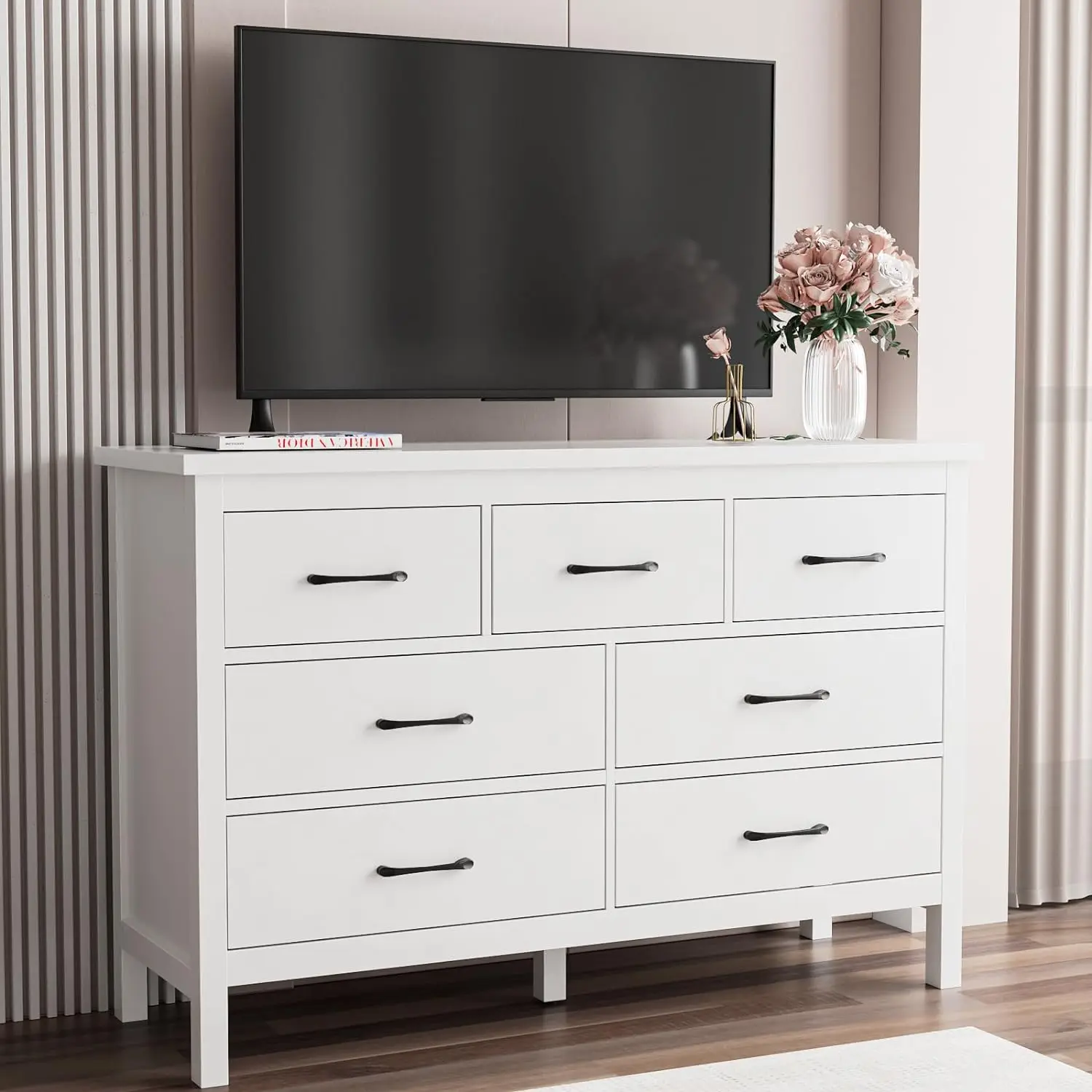 White Dresser for Bedroom, 7 Drawer Dresser with Metal Handles, Modern Wood Chest of Drawers for Living Room, Entryway