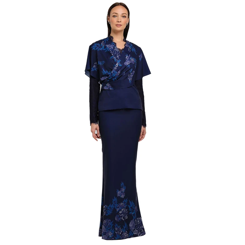 New Style Fashion Baju Kurung Drak Blue Long Sleeves Baju Kebaya Muslim Dress Islamic Clothing