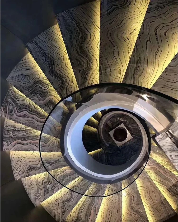 Luxury Indoor Natural Marble Treads Spiral Landscape Purple Marble Staircases