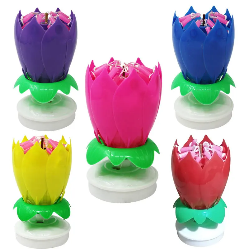 Good Quality Multi-functional  Birthday Music Lotus Candles Home Decor Creative Singing Sparking Rotating Flower Candle
