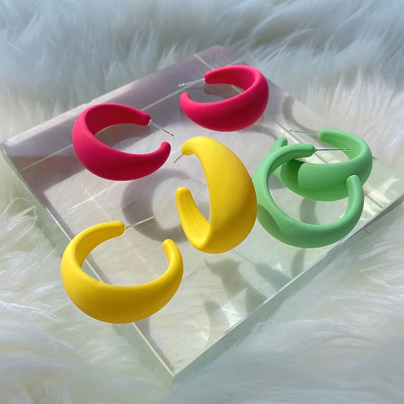 Summer Beach Jewelry Matte Colored 37mm C Shape Hoop Earrings Big Acrylic Wide Hoop Earrings