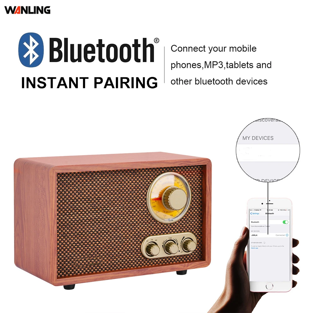Portable Wooden AM FM Vintage Radio with Bulit-in Stereo Speaker Radio