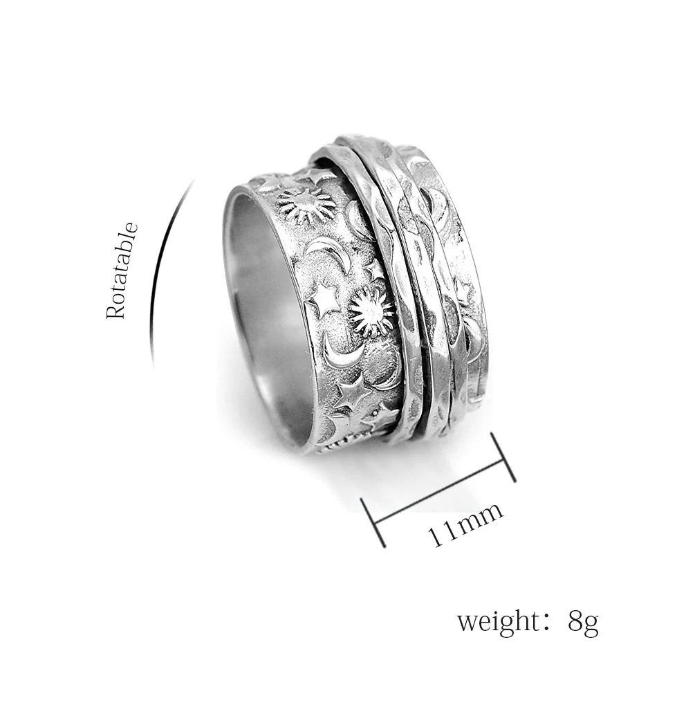 new 11mm three rings silver  spinner rotatable decompression stainless steel ring sun star moon Finger Rings